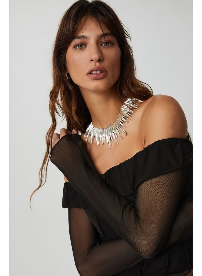 GRIMELANGE Nerys Women's Strapless Neck Open Shoulder Long Sleeve Slim Fit Black Blouse - Image 1